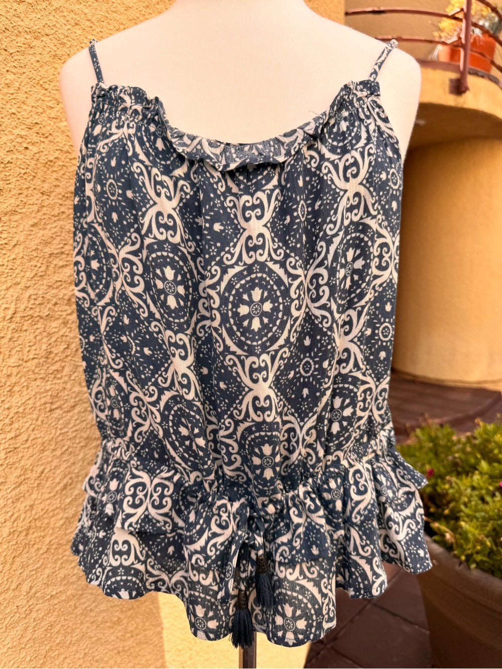 Lovestitch Navy Blue & White Scroll Bandana Print BoHo Sleeveless top Med